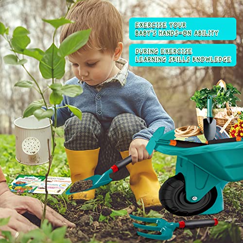 Qtioucp 16Pcs Kids Gardening Tools Outdoor Toys Set Backyard Play with Wheelbarrow, Apron, Watering Can and More Educational STEM Learning Pretend Toys Outdoor Indoor for Toddlers Kids Boys Girls from Qtioucp