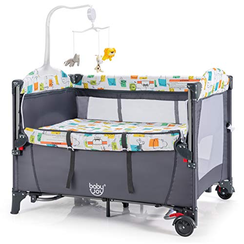 BABY JOY 5-in-1 Pack and Play, Baby Bedside Sleeper with Bassinet, Multifunction Bed Side Sleeper w/U-Shaped Diaper Changer, Safety Strap, Side Package, Music Box & Hanging Toys, Carrying Bag (Grey) from BABY JOY