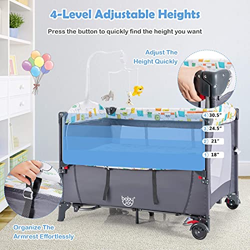 BABY JOY 5-in-1 Pack and Play, Baby Bedside Sleeper with Bassinet, Multifunction Bed Side Sleeper w/U-Shaped Diaper Changer, Safety Strap, Side Package, Music Box & Hanging Toys, Carrying Bag (Grey) from BABY JOY