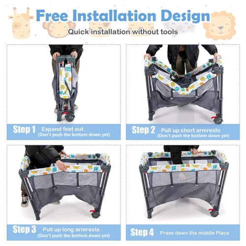 BABY JOY 5-in-1 Pack and Play, Baby Bedside Sleeper with Bassinet, Multifunction Bed Side Sleeper w/U-Shaped Diaper Changer, Safety Strap, Side Package, Music Box & Hanging Toys, Carrying Bag (Grey) from BABY JOY