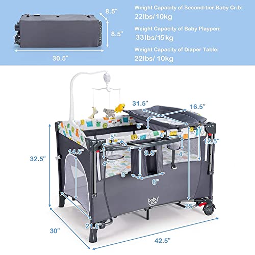 BABY JOY 5-in-1 Pack and Play, Baby Bedside Sleeper with Bassinet, Multifunction Bed Side Sleeper w/U-Shaped Diaper Changer, Safety Strap, Side Package, Music Box & Hanging Toys, Carrying Bag (Grey) from BABY JOY