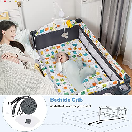 BABY JOY 5-in-1 Pack and Play, Baby Bedside Sleeper with Bassinet, Multifunction Bed Side Sleeper w/U-Shaped Diaper Changer, Safety Strap, Side Package, Music Box & Hanging Toys, Carrying Bag (Grey) from BABY JOY