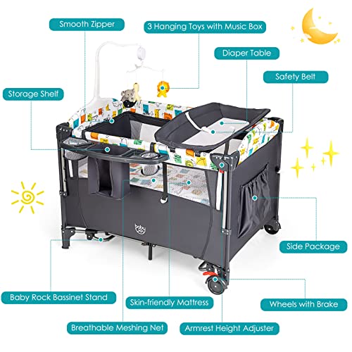 BABY JOY 5-in-1 Pack and Play, Baby Bedside Sleeper with Bassinet, Multifunction Bed Side Sleeper w/U-Shaped Diaper Changer, Safety Strap, Side Package, Music Box & Hanging Toys, Carrying Bag (Grey) from BABY JOY