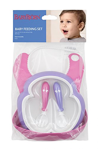 Baby Feeding Set - Pink Soft Bib, Purple Plate, Purple Spoon and Pink Fork by BabyBjÃ¶rn