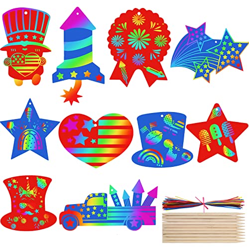60 Pieces American 4th of July Patriotic Day Party Decor Scratch Paper Set Scratch Craft Art Color Scratch Heart Star for Independence Day Valentine's Day Hanging Decor (Vivid Colors,Cute Pattern) from Zonon