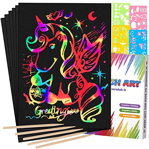 Mocoosy 60Pcs Scratch Art Paper for Kids, Rainbow Magic Scratch Off Paper Art Craft Kit Black Scratch Sheets with 4 Stencils 5 Wooden Stylus for Birthday Party Favors Game Activities Easter Gifts from Mocoosy