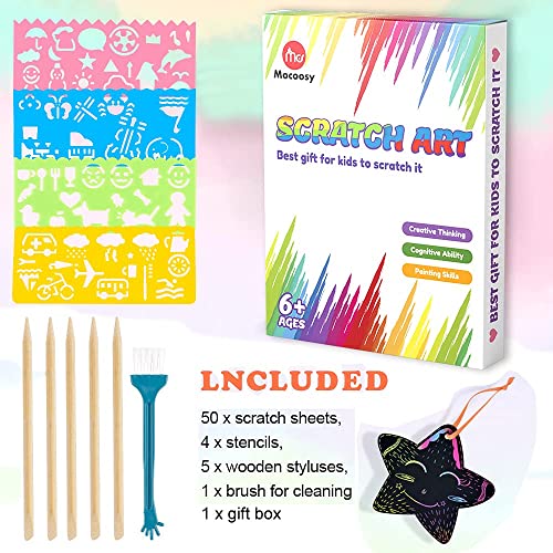 Mocoosy 60Pcs Scratch Art Paper for Kids, Rainbow Magic Scratch Off Paper Art Craft Kit Black Scratch Sheets with 4 Stencils 5 Wooden Stylus for Birthday Party Favors Game Activities Easter Gifts from Mocoosy