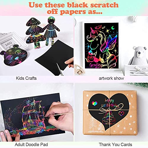 Mocoosy 60Pcs Scratch Art Paper for Kids, Rainbow Magic Scratch Off Paper Art Craft Kit Black Scratch Sheets with 4 Stencils 5 Wooden Stylus for Birthday Party Favors Game Activities Easter Gifts from Mocoosy