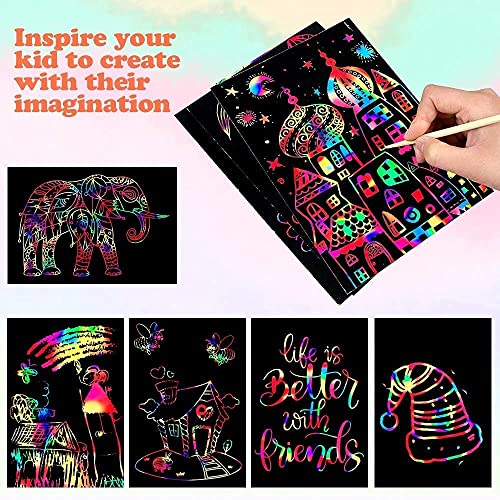 Mocoosy 60Pcs Scratch Art Paper for Kids, Rainbow Magic Scratch Off Paper Art Craft Kit Black Scratch Sheets with 4 Stencils 5 Wooden Stylus for Birthday Party Favors Game Activities Easter Gifts from Mocoosy