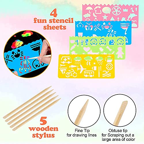 Mocoosy 60Pcs Scratch Art Paper for Kids, Rainbow Magic Scratch Off Paper Art Craft Kit Black Scratch Sheets with 4 Stencils 5 Wooden Stylus for Birthday Party Favors Game Activities Easter Gifts from Mocoosy