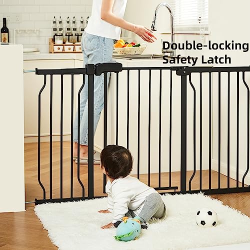 HEMRORO 66.5-71" Extra Wide Baby Gate for Stairs Doorways, 37.4" Extra Tall Metal Dog Gate for The House, Easy Walk Thru Auto Close Child Safety Gate Pressure Mounted with Extension Kit, Black by hemroro