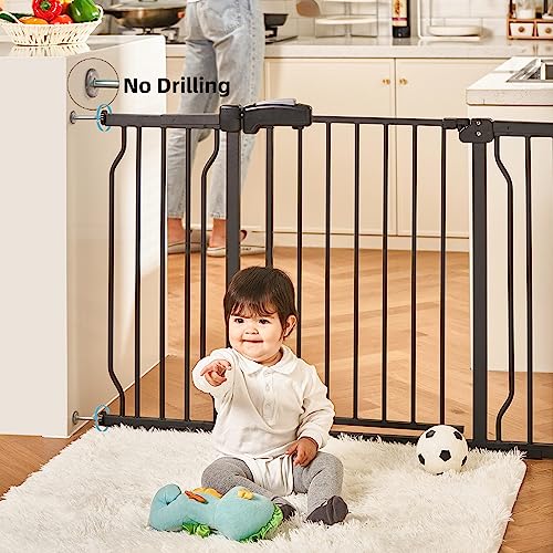 HEMRORO 66.5-71" Extra Wide Baby Gate for Stairs Doorways, 37.4" Extra Tall Metal Dog Gate for The House, Easy Walk Thru Auto Close Child Safety Gate Pressure Mounted with Extension Kit, Black by hemroro