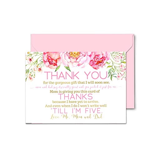 Cottage Floral Baby Shower Thank You Cards with Envelopes (15 Pack) Rustic Flowers Supplies Pink and Gold â Cute Thanks from Baby Girls - A6 Flat Stationery Set Printed (4 X 6 inches) by 