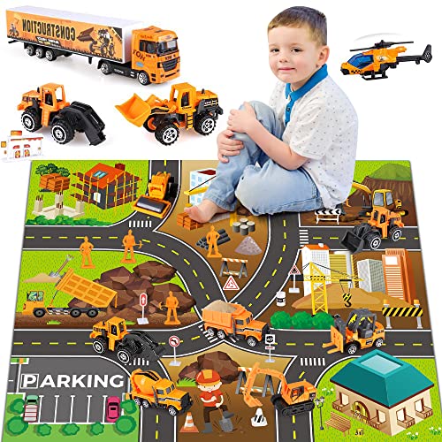 27 in 1 Kids Construction Vehicles Truck Cars Toys with Play Mat,Mini Engineering Diecast Pull Back Cars Alloy Truck Playset and 12 Road Signs for Boy Toddlers Birthday Christmas Party Gift Age 3+ from kramow