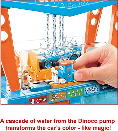 Disney Pixar Cars Color Change Dinoco Car Wash Playset with Pitty and Exclusive Lightning McQueen Vehicle, Interactive Water Play Toy for Kids Age 4 Years and Older from Mattel