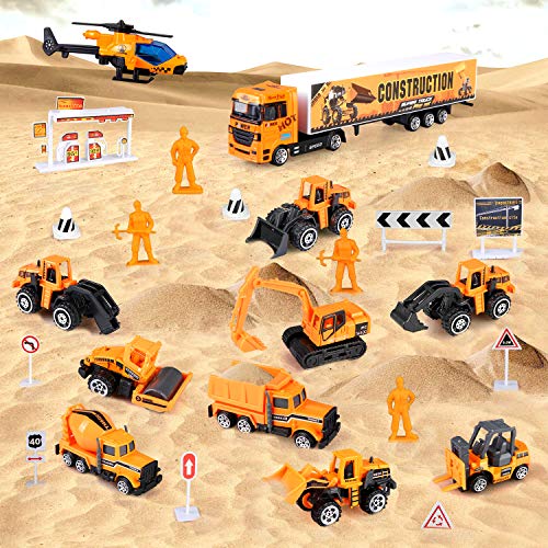 27 in 1 Kids Construction Vehicles Truck Cars Toys with Play Mat,Mini Engineering Diecast Pull Back Cars Alloy Truck Playset and 12 Road Signs for Boy Toddlers Birthday Christmas Party Gift Age 3+ from kramow