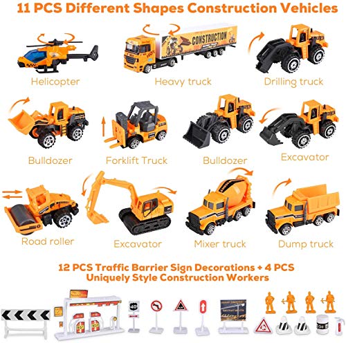 27 in 1 Kids Construction Vehicles Truck Cars Toys with Play Mat,Mini Engineering Diecast Pull Back Cars Alloy Truck Playset and 12 Road Signs for Boy Toddlers Birthday Christmas Party Gift Age 3+ from kramow
