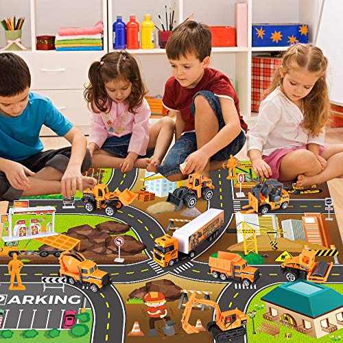 27 in 1 Kids Construction Vehicles Truck Cars Toys with Play Mat,Mini Engineering Diecast Pull Back Cars Alloy Truck Playset and 12 Road Signs for Boy Toddlers Birthday Christmas Party Gift Age 3+ from kramow