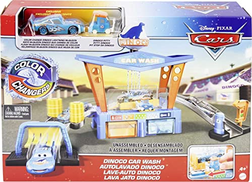 Disney Pixar Cars Color Change Dinoco Car Wash Playset with Pitty and Exclusive Lightning McQueen Vehicle, Interactive Water Play Toy for Kids Age 4 Years and Older from Mattel