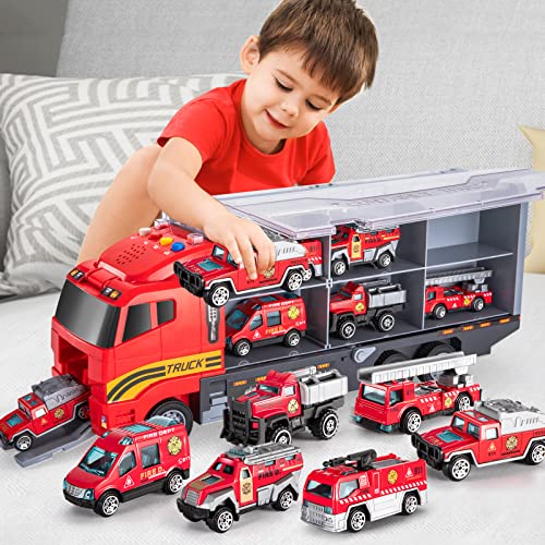 TEMI Toddler Toys for 3 4 5 6 Years Old Boys, Die-cast Emergency Fire Rescue Vehicle Transport Car Toy Set w/ Play Mat, Alloy Metal Fire Truck Toys Set for Age 3-9 Toddlers Kids Boys & Girls from TEMI