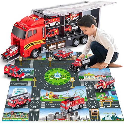 TEMI Toddler Toys for 3 4 5 6 Years Old Boys, Die-cast Emergency Fire Rescue Vehicle Transport Car Toy Set w/ Play Mat, Alloy Metal Fire Truck Toys Set for Age 3-9 Toddlers Kids Boys & Girls from TEMI