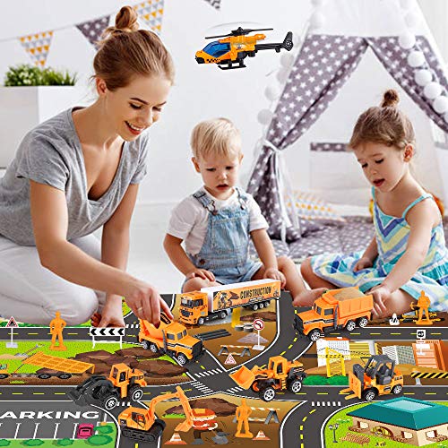 27 in 1 Kids Construction Vehicles Truck Cars Toys with Play Mat,Mini Engineering Diecast Pull Back Cars Alloy Truck Playset and 12 Road Signs for Boy Toddlers Birthday Christmas Party Gift Age 3+ from kramow