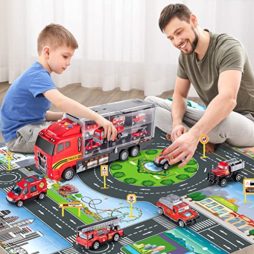 TEMI Toddler Toys for 3 4 5 6 Years Old Boys, Die-cast Emergency Fire Rescue Vehicle Transport Car Toy Set w/ Play Mat, Alloy Metal Fire Truck Toys Set for Age 3-9 Toddlers Kids Boys & Girls from TEMI