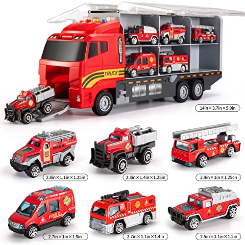 TEMI Toddler Toys for 3 4 5 6 Years Old Boys, Die-cast Emergency Fire Rescue Vehicle Transport Car Toy Set w/ Play Mat, Alloy Metal Fire Truck Toys Set for Age 3-9 Toddlers Kids Boys & Girls from TEMI