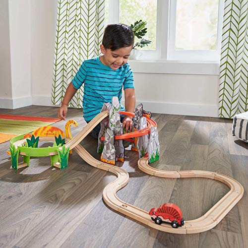 KidKraft Adventure Tracksâ¢: Dino World Volcano Escape 32-pc. Wooden Train Track and Vehicle Play Set, Gift for Ages 3+ from KidKraft