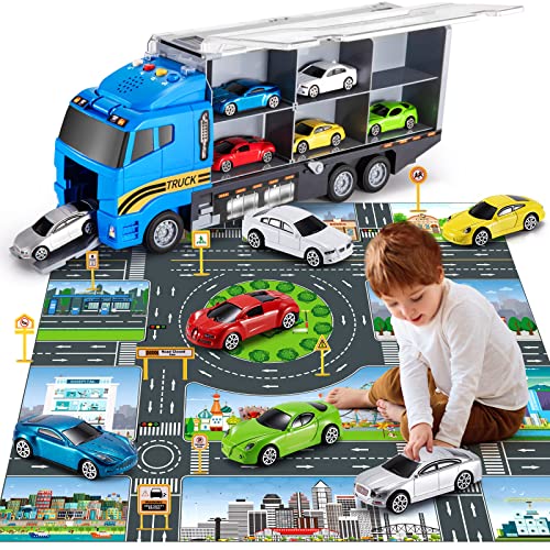 Toddler Toys for 3-9 Years Old Boys Race Model Car Double Side Transport Vehicle W/Play Mat, Die-cast Alloy Metal Car Toy Set Gifts for Age 3 4 5 6 Kids Child Boys Girls Birthday Party Favor from TEMI