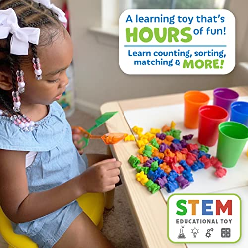 Skoolzy Rainbow Counting Bears with Matching Sorting Cups, Bear Counters and Dice Math Toddler Games 71pc Set - Bonus Scoop Tongs, Storage Bags from Skoolzy