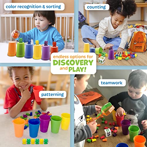 Skoolzy Rainbow Counting Bears with Matching Sorting Cups, Bear Counters and Dice Math Toddler Games 71pc Set - Bonus Scoop Tongs, Storage Bags from Skoolzy