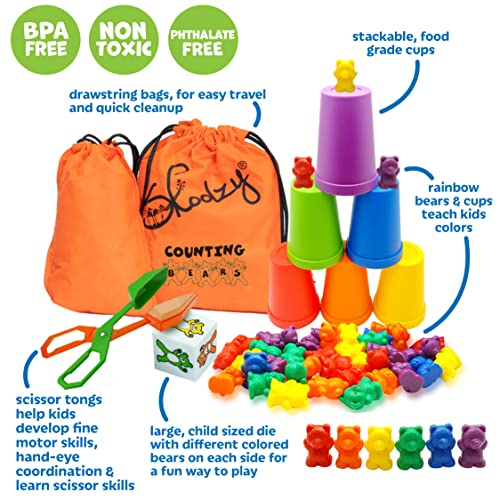 Skoolzy Rainbow Counting Bears with Matching Sorting Cups, Bear Counters and Dice Math Toddler Games 71pc Set - Bonus Scoop Tongs, Storage Bags from Skoolzy