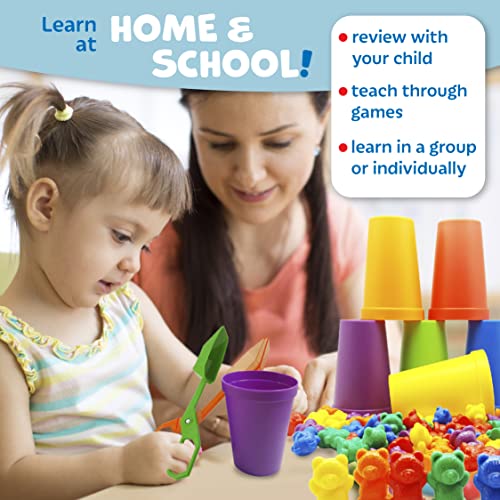 Skoolzy Rainbow Counting Bears with Matching Sorting Cups, Bear Counters and Dice Math Toddler Games 71pc Set - Bonus Scoop Tongs, Storage Bags from Skoolzy