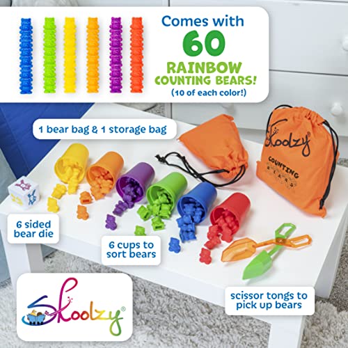 Skoolzy Rainbow Counting Bears with Matching Sorting Cups, Bear Counters and Dice Math Toddler Games 71pc Set - Bonus Scoop Tongs, Storage Bags from Skoolzy