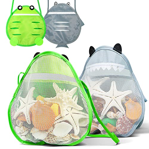 Novelty Place Sea Shell Bag for Kids, Shell Collecting Picking Up Holding Mesh Shells Bags with Strap for Children, Beach Sand Toy Seashell Bag Green & Grey (Pack of 2) by Novelty Place