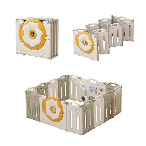 IFLETH Donut Baby Playpen Safety Sturdy Kids Play-Center-Yard, Donut Kids Activity Center for Indoor Outdoor Portable Baby Fence with Gate for Baby(14-Panels, White+Grey) by IFLETH