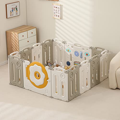 IFLETH Donut Baby Playpen Safety Sturdy Kids Play-Center-Yard, Donut Kids Activity Center for Indoor Outdoor Portable Baby Fence with Gate for Baby(14-Panels, White+Grey) by IFLETH