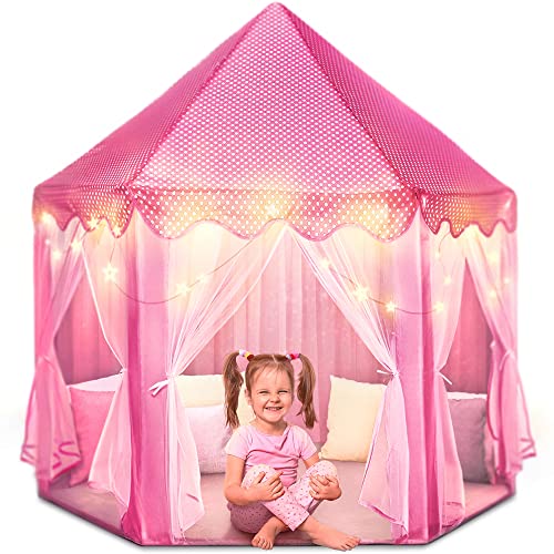 FoxPrint Castle Princess Tents for Little Girls with Lights, Soft Fairy Star Lighting for Indoor and Outdoor Play, Quick 55â x 53â Pop Up Canopy, Relaxation and Creative Space for Kids , Pink by FOXPRINT
