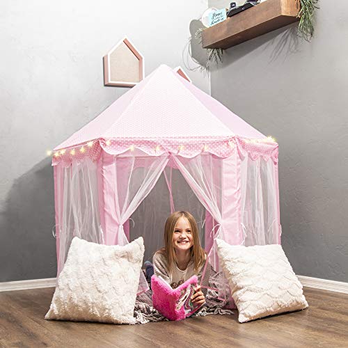 FoxPrint Castle Princess Tents for Little Girls with Lights, Soft Fairy Star Lighting for Indoor and Outdoor Play, Quick 55â x 53â Pop Up Canopy, Relaxation and Creative Space for Kids , Pink by FOXPRINT