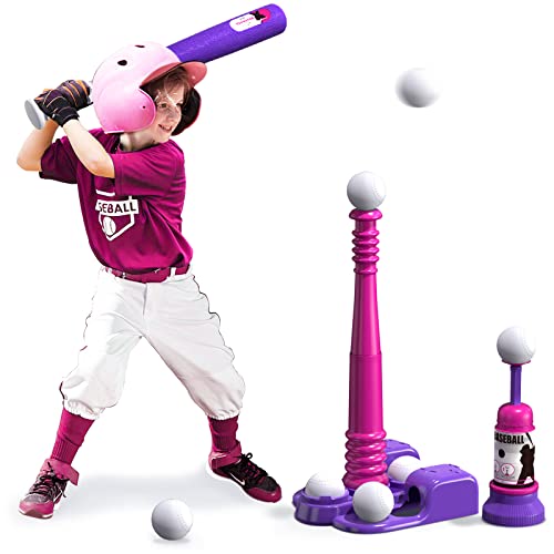QDRAGON 2 in 1 T Ball Sets for Kids 3-5 5-8, Tee Ball Set with Automatic Pitching Machine/Adjustable Batting Bat & Stand/6 Balls, Baseball Toys Outdoor Sport for Toddlers Girls, Pink from QDRAGON