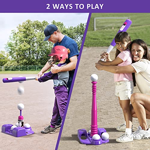 QDRAGON 2 in 1 T Ball Sets for Kids 3-5 5-8, Tee Ball Set with Automatic Pitching Machine/Adjustable Batting Bat & Stand/6 Balls, Baseball Toys Outdoor Sport for Toddlers Girls, Pink from QDRAGON