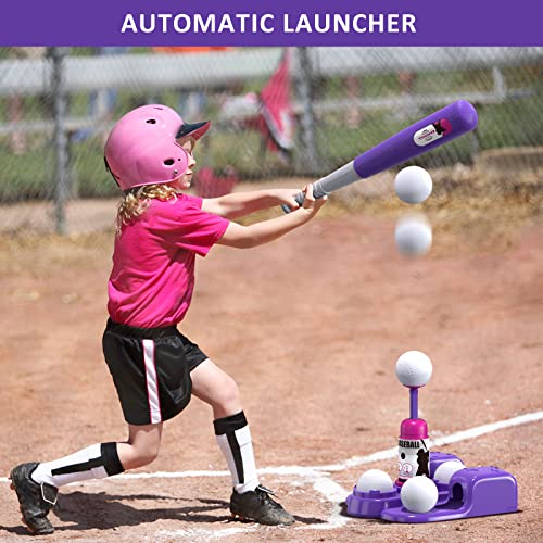 QDRAGON 2 in 1 T Ball Sets for Kids 3-5 5-8, Tee Ball Set with Automatic Pitching Machine/Adjustable Batting Bat & Stand/6 Balls, Baseball Toys Outdoor Sport for Toddlers Girls, Pink from QDRAGON