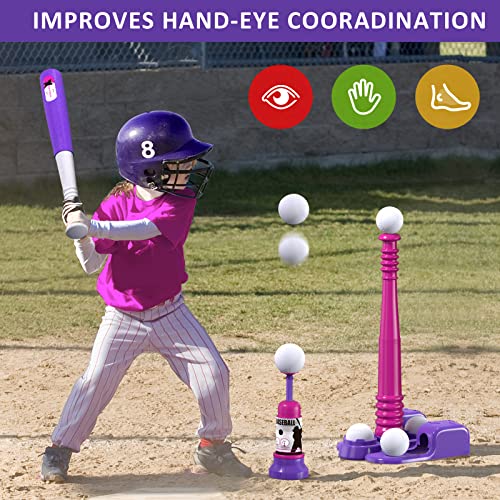 QDRAGON 2 in 1 T Ball Sets for Kids 3-5 5-8, Tee Ball Set with Automatic Pitching Machine/Adjustable Batting Bat & Stand/6 Balls, Baseball Toys Outdoor Sport for Toddlers Girls, Pink from QDRAGON