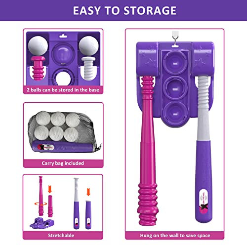 QDRAGON 2 in 1 T Ball Sets for Kids 3-5 5-8, Tee Ball Set with Automatic Pitching Machine/Adjustable Batting Bat & Stand/6 Balls, Baseball Toys Outdoor Sport for Toddlers Girls, Pink from QDRAGON