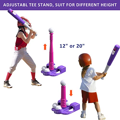 QDRAGON 2 in 1 T Ball Sets for Kids 3-5 5-8, Tee Ball Set with Automatic Pitching Machine/Adjustable Batting Bat & Stand/6 Balls, Baseball Toys Outdoor Sport for Toddlers Girls, Pink from QDRAGON