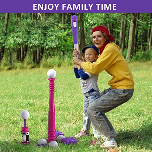 QDRAGON 2 in 1 T Ball Sets for Kids 3-5 5-8, Tee Ball Set with Automatic Pitching Machine/Adjustable Batting Bat & Stand/6 Balls, Baseball Toys Outdoor Sport for Toddlers Girls, Pink from QDRAGON