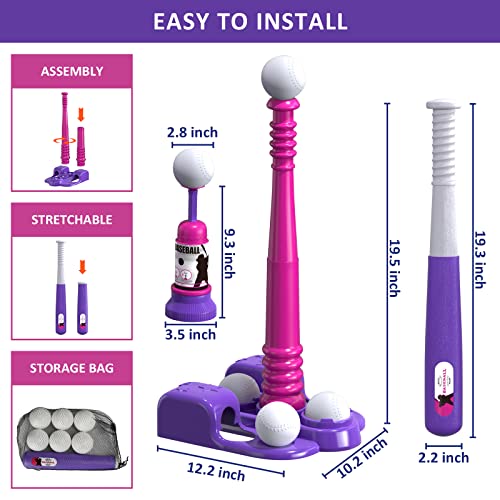 QDRAGON 2 in 1 T Ball Sets for Kids 3-5 5-8, Tee Ball Set with Automatic Pitching Machine/Adjustable Batting Bat & Stand/6 Balls, Baseball Toys Outdoor Sport for Toddlers Girls, Pink from QDRAGON