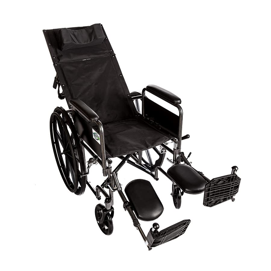 Healthline Recliner Folding Wheelchair Lightweight Full Arm Detachable Padded Flip Back with Swing Away Elevating Legrests Lightweight Carbon Steel Folding Wheelchair, 18 Inch Seat from Healthline Trading