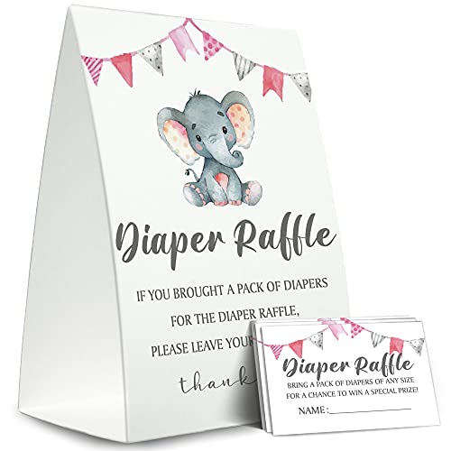 Diaper Raffle Sign,Diaper Raffle Baby Shower Game Kit (1 Standing Sign + 50 Guessing Cards),Pink Elephant Bunting Raffle Insert Ticket,Baby Showers Decorations,Card for Baby Shower Game to Bring a Pack of Diapers-N10 by 